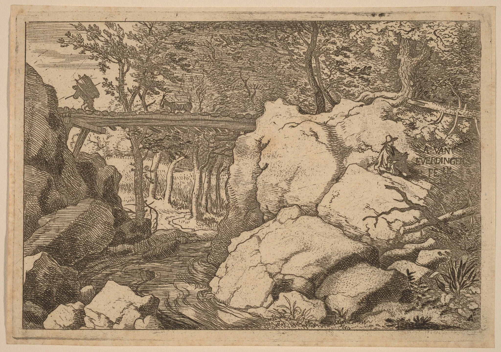 Goat on a small Bridge, by Allart van Everdingen, ink, 1650
