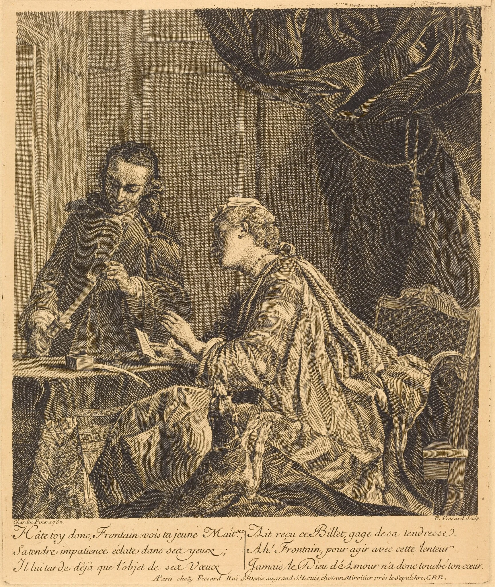 Dame cachetant une lettre (Woman Sealing a Letter), by Etienne Fessard, ink, 1738