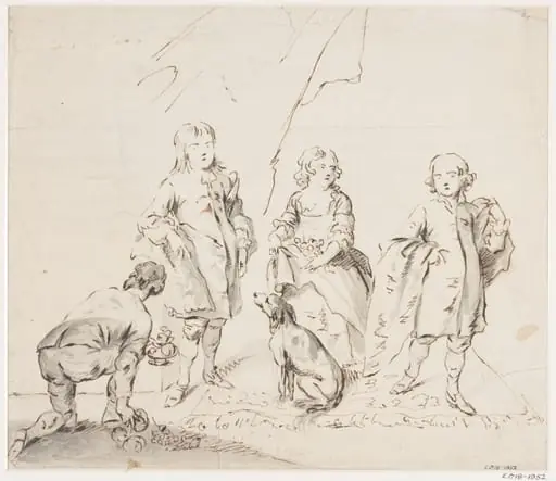 Two boys and a girl standing on a carpet.