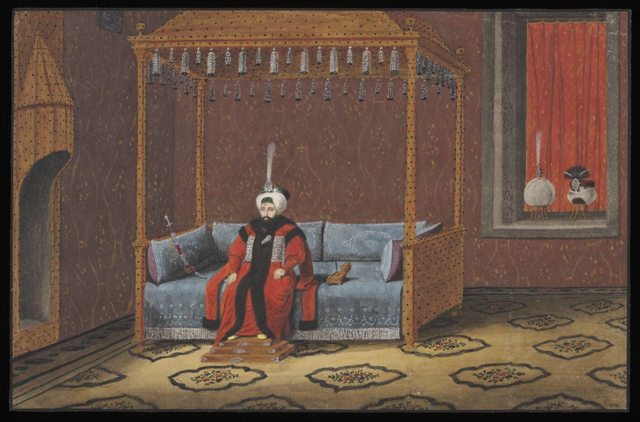 Portrait of Sultan Mahmud II enthroned, by Anonymous Greek artist, watercolor, 1809
