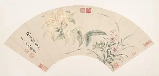 清　惲壽平　花卉圖　摺扇|Carnations and amaranthus