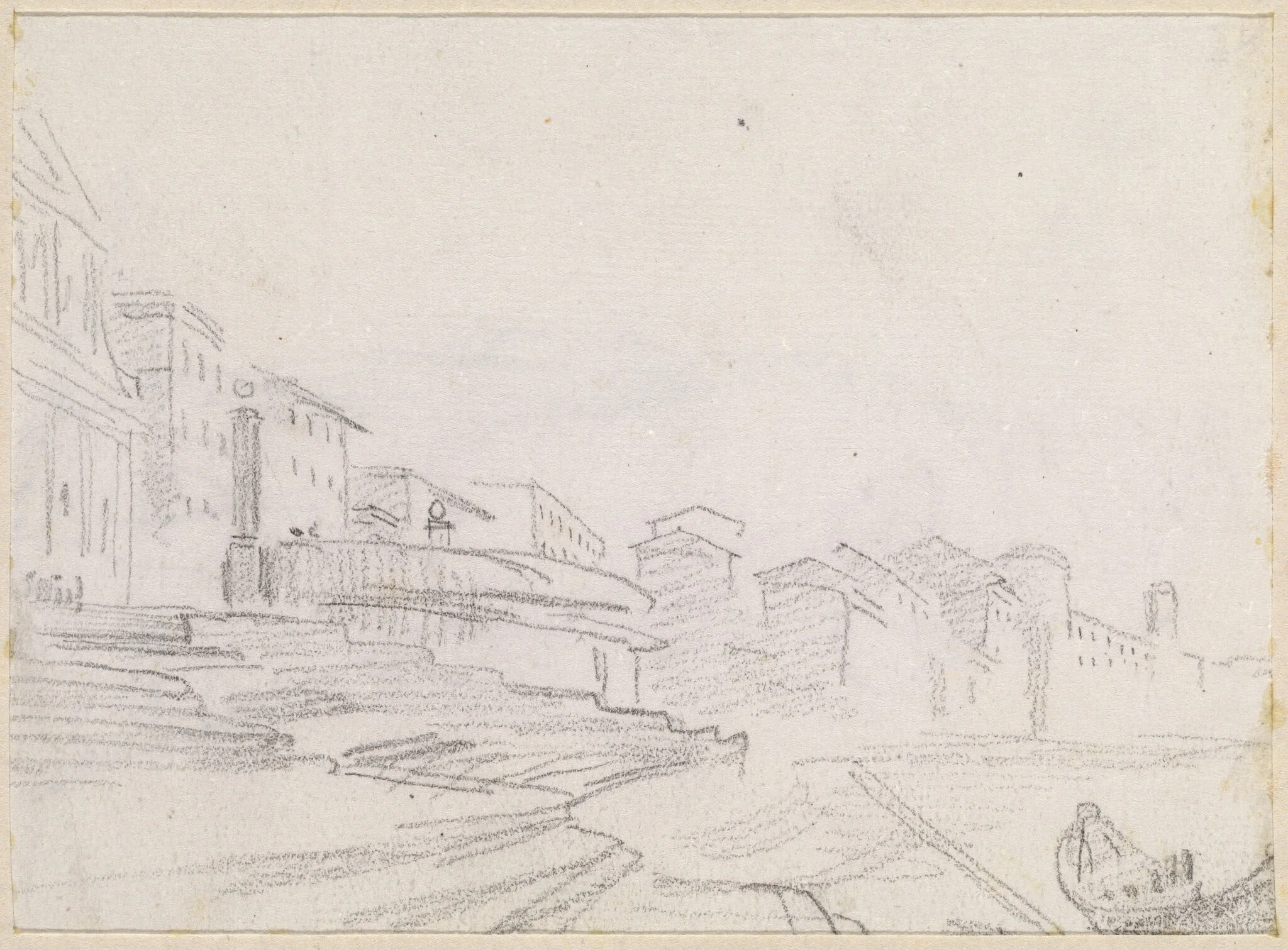 Buildings along a Riverside [verso], by Hubert Robert, chalk, 1760