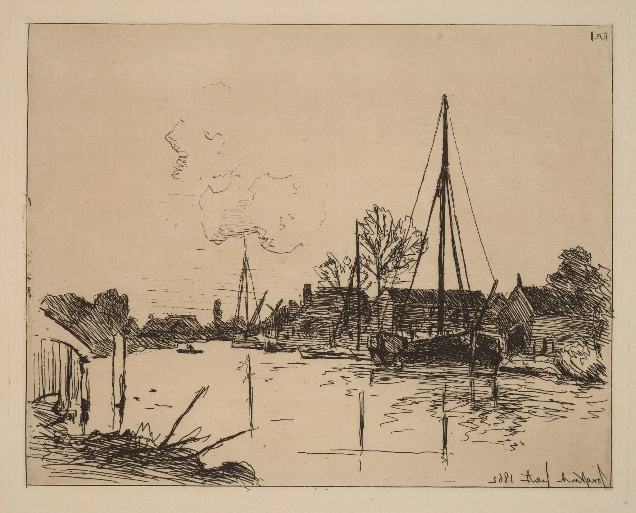 The Canal (Le Canal), by Johan Barthold Jongkind, ink, 1862