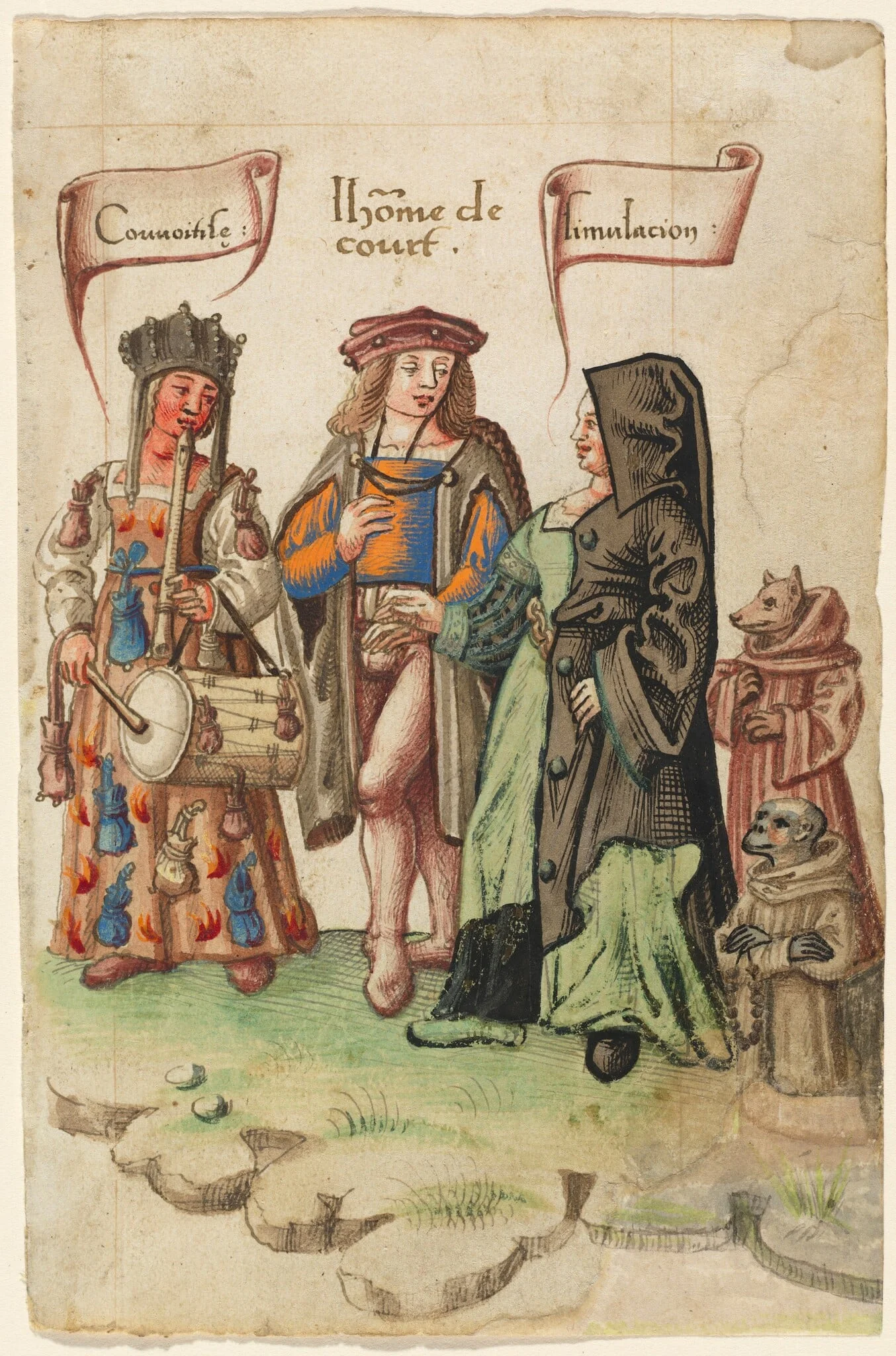 A Courtier Standing Between Covetousness and Dissimulation [fol. 14 recto], by French early 16th Century, ink, 1513