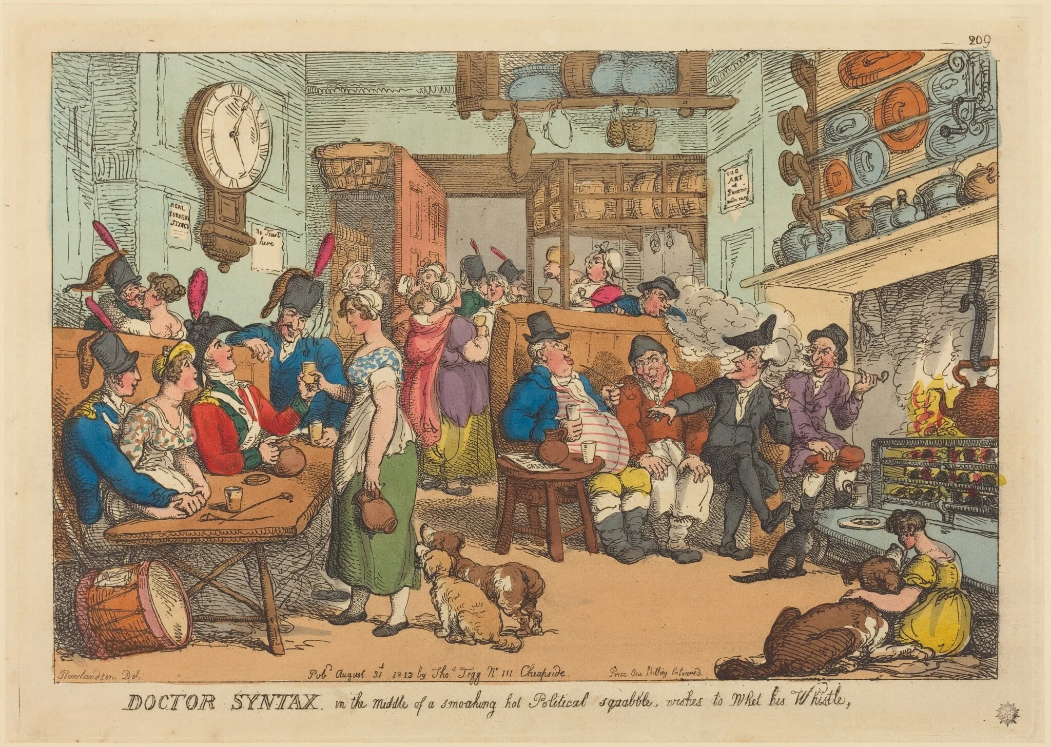 Doctor Syntax, in the Middle of a Smoking HotPolitical Squabble, wishes to Wet his W histle, by Thomas Rowlandson, ink, 1813