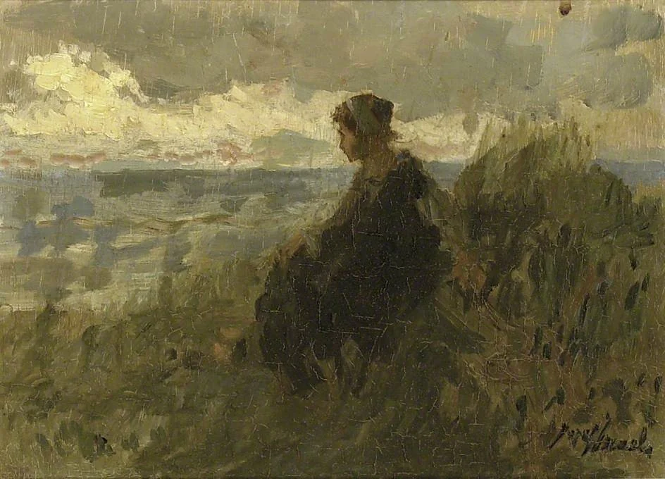 A Fishergirl on a Dune, knitting, by Jozef Israëls, oil, 1874