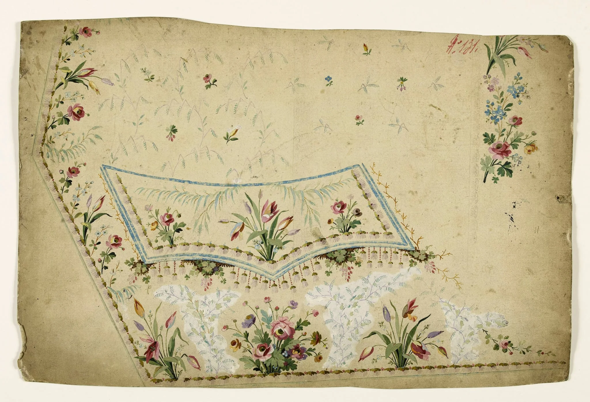 Composition avec bouquets de fleurs, frises de grappes et clochettes stylisées, projets de broderies de gilet, XVIIIème siècle