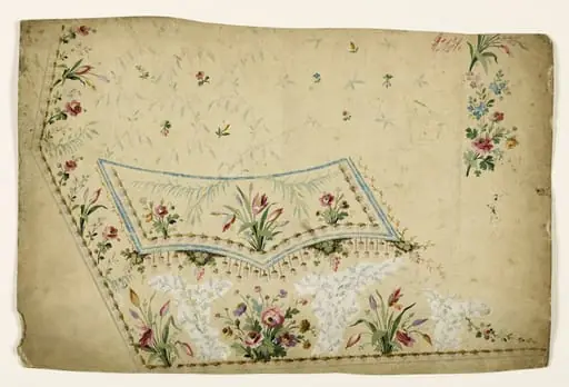 Composition avec bouquets de fleurs, frises de grappes et clochettes stylisées, projets de broderies de gilet, XVIIIème siècle