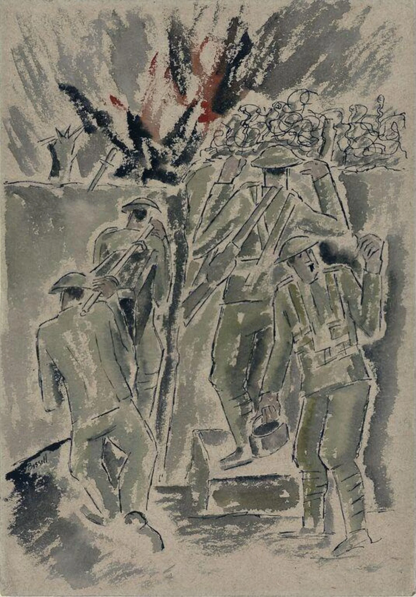 A Salient Under Fire, by George William Bissill, watercolor, 1910