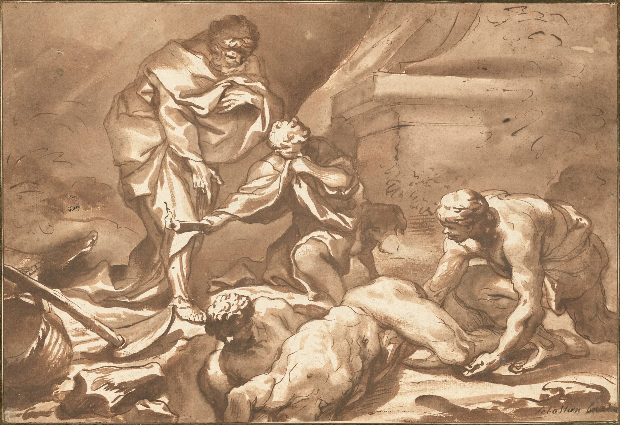 Tobit Burying the Dead, by Domenico Piola, chalk, 1655