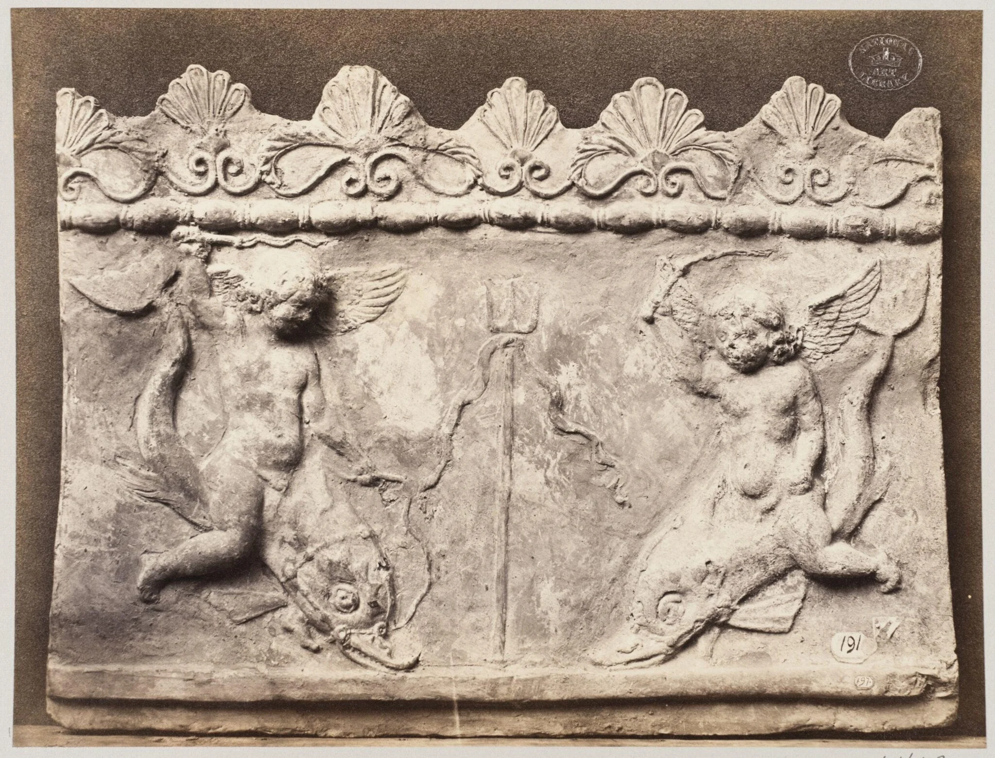 Bas-relief of two figures of Neptune in terra cotta, by Louise Laffon, photographic, 1864