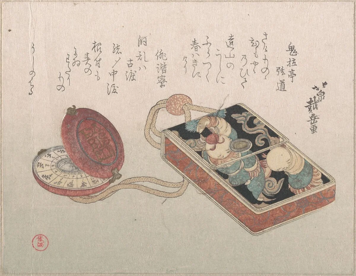 胴乱印籠と懐中時計根付『春雨集』　摺物帖|Dōran (Square Leather Box Used as an Inrō) with a Watch as a NetsukeFrom the Spring Rain Collection (Harusame shū), vol. 3, by Hokusen Taigaku, ink, 1817