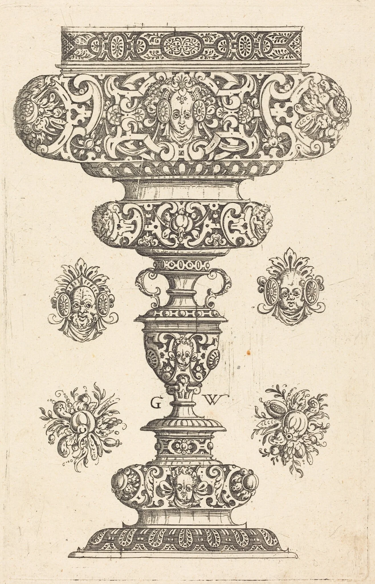 Goblet, rim decorated with masque and bouquet of fruit, by Georg Wechter I, ink, 1579