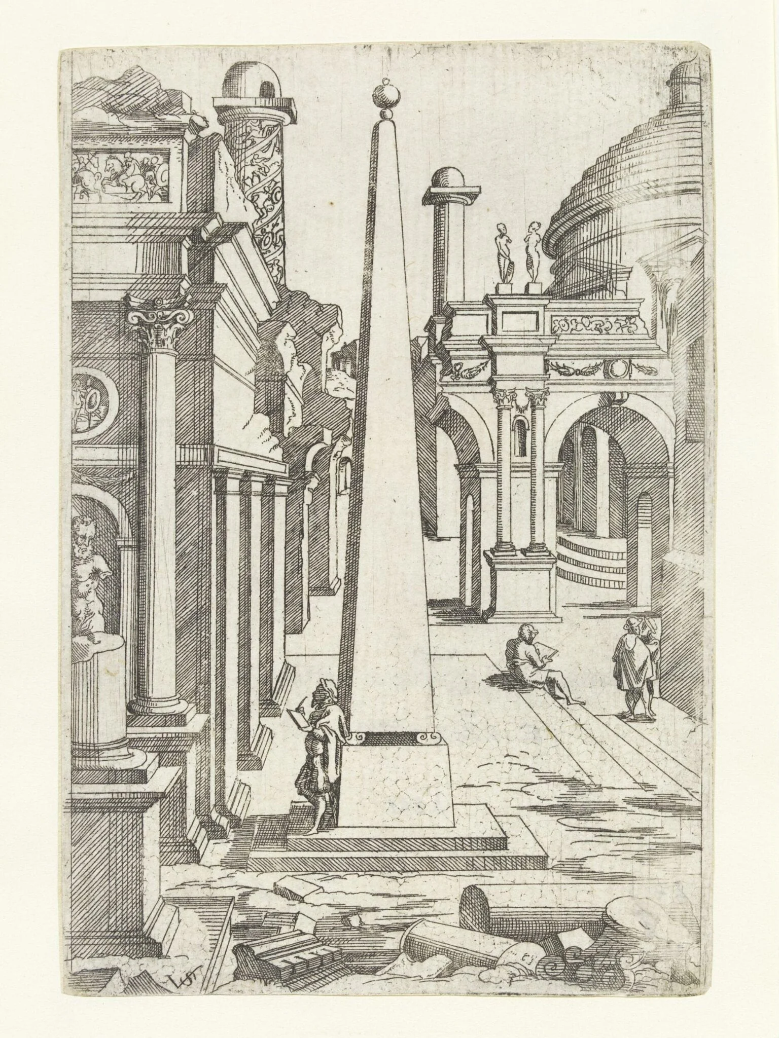 A draftsman leaning against an obelisk sketching ruins, by Virgil Solis, 1560