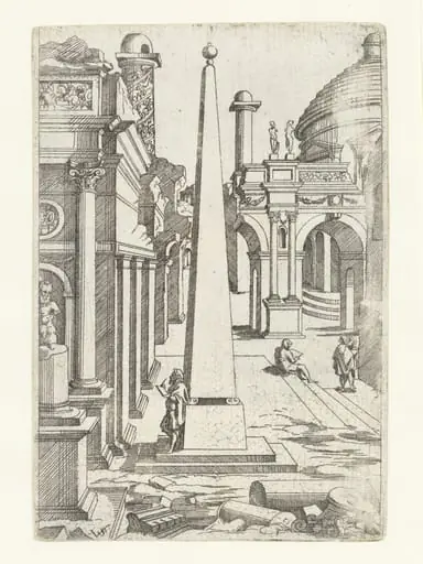 A draftsman leaning against an obelisk sketching ruins