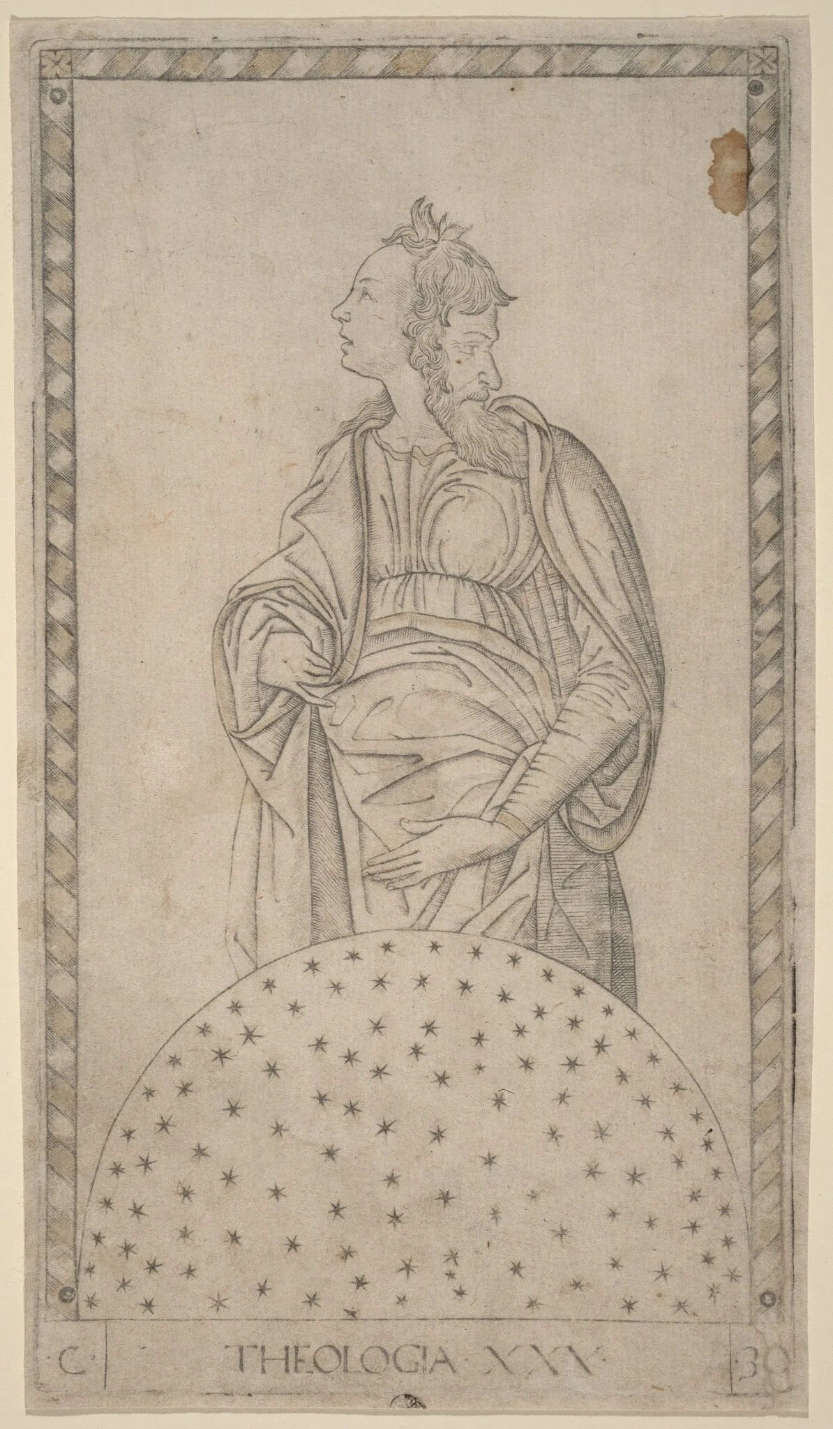 Theologia (Theology), by Master of the E-Series Tarocchi, ink, 1465