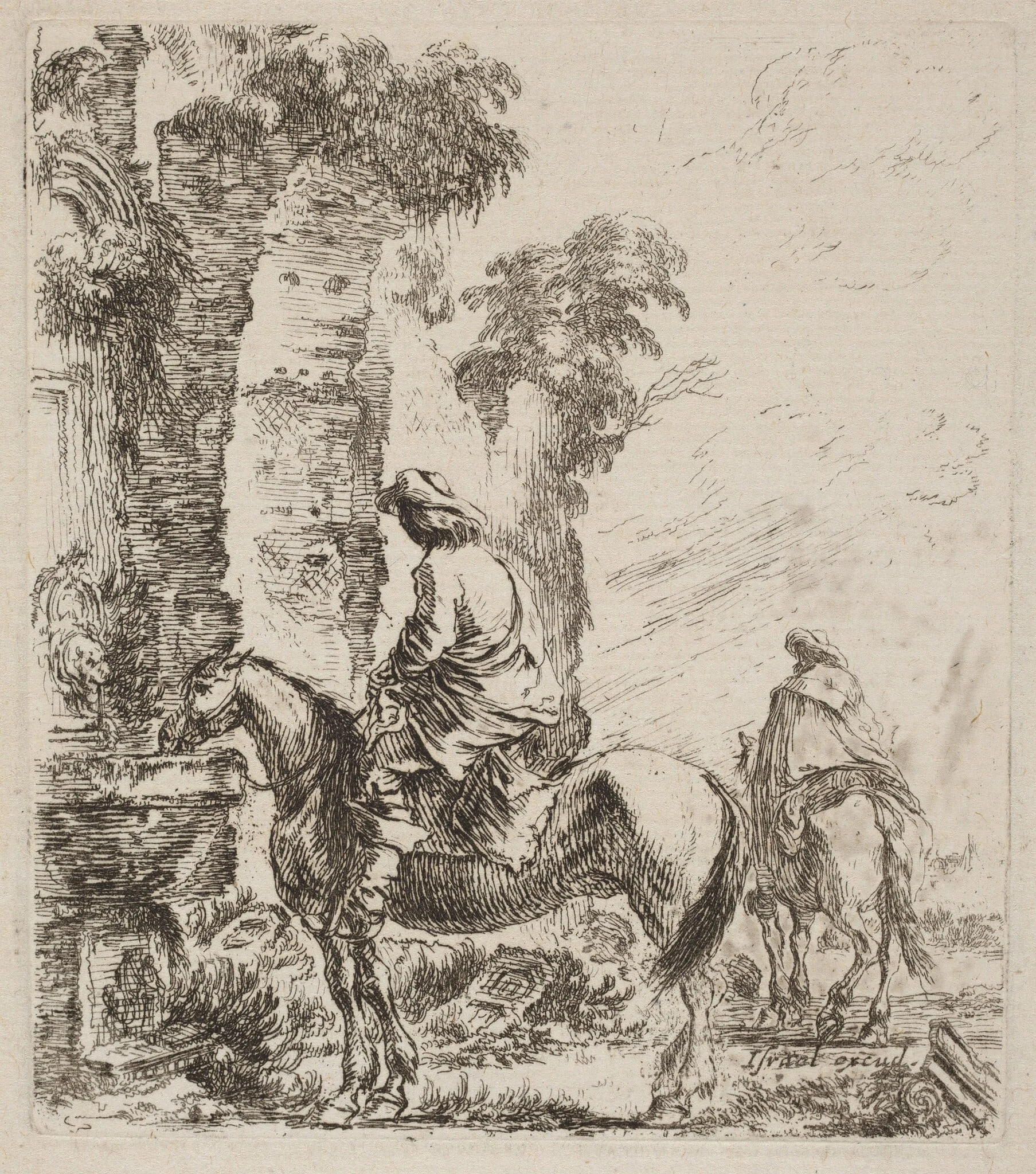 Landscape with Horsemen, by Stefano Della Bella, ink, 1646