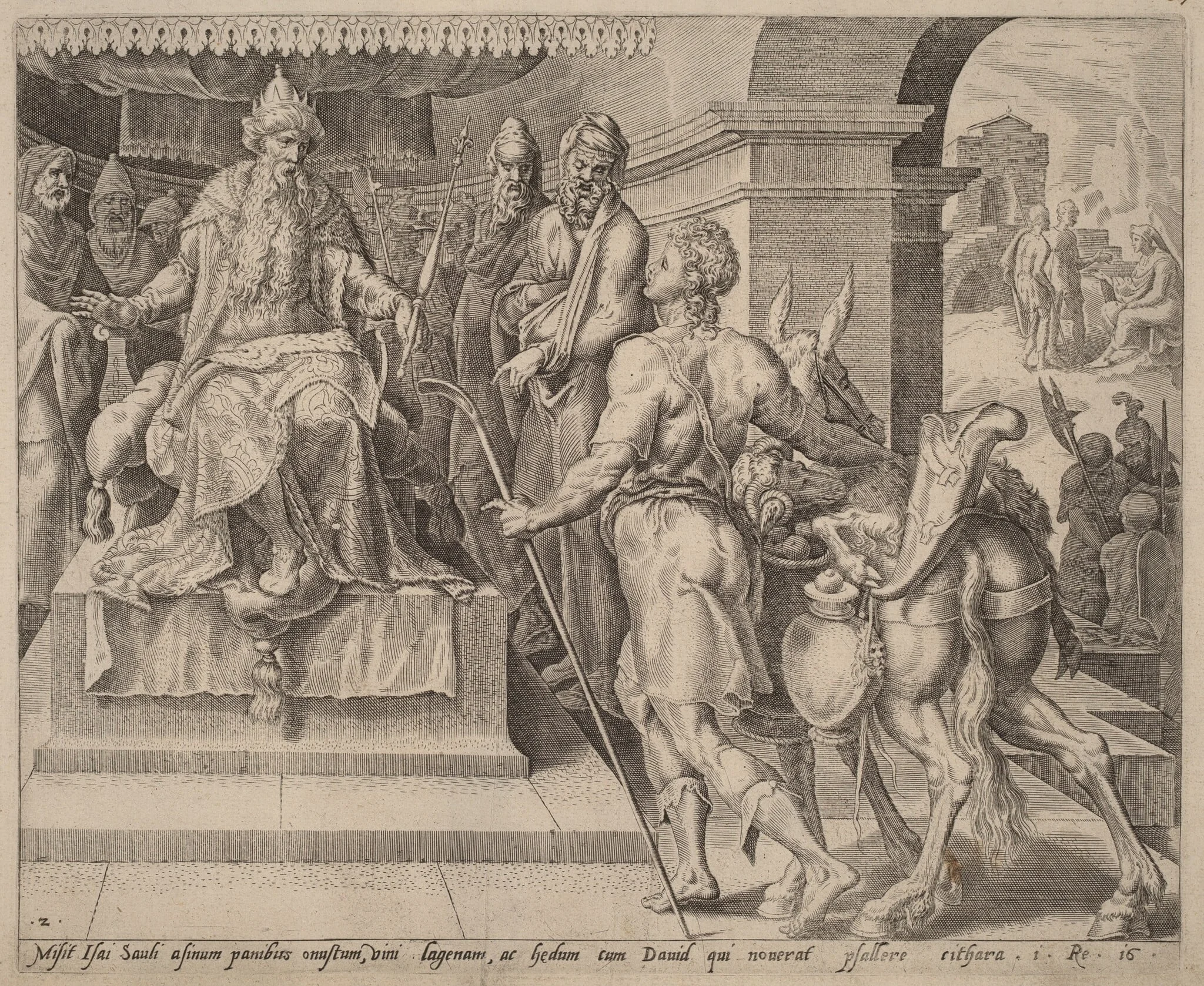 David Bringing Presents from His Father to Saul, by Dutch 16th Century, ink, 1556