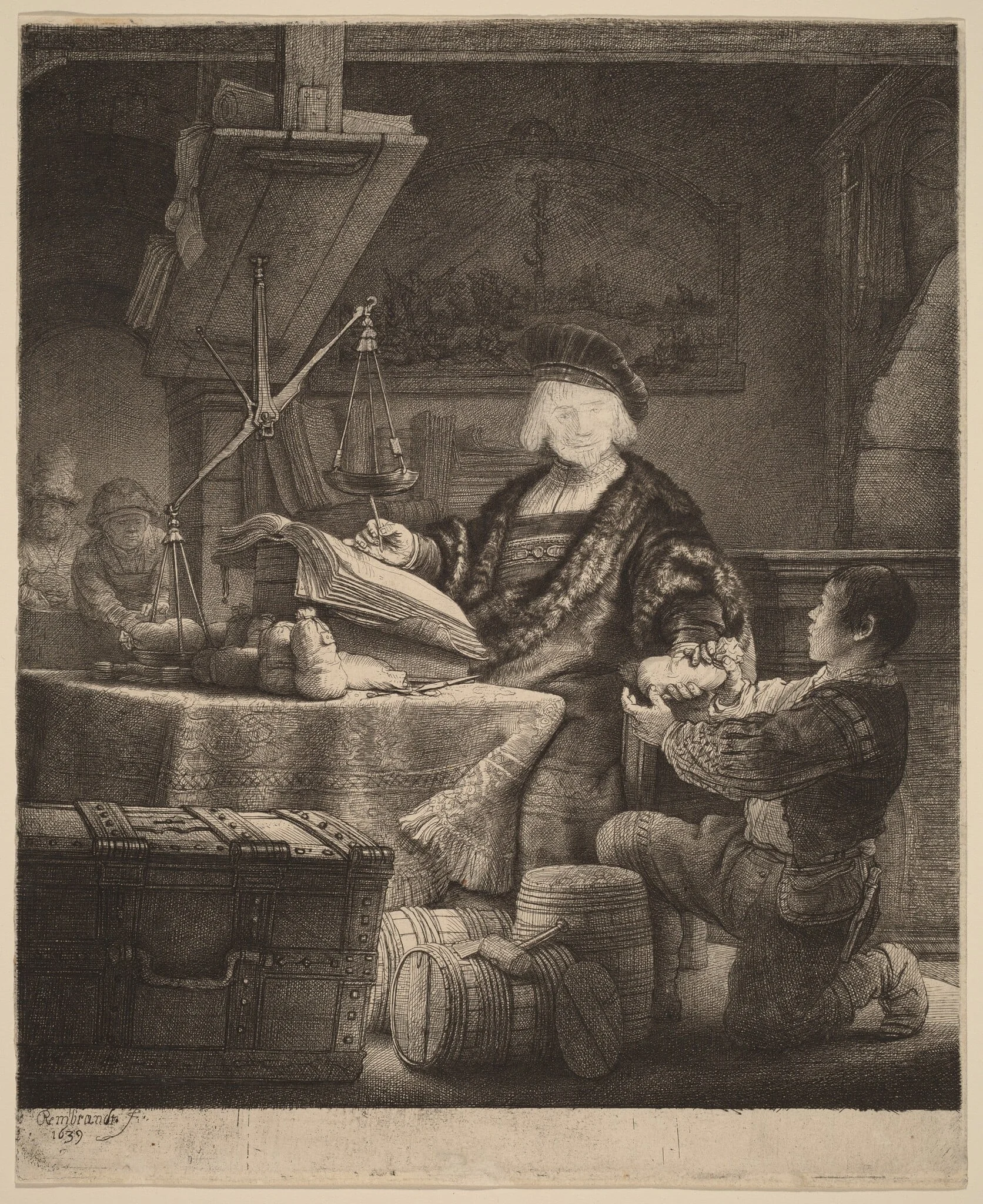 Jan Uytenbogaert, "The Goldweigher", by Rembrandt, ink, 1639