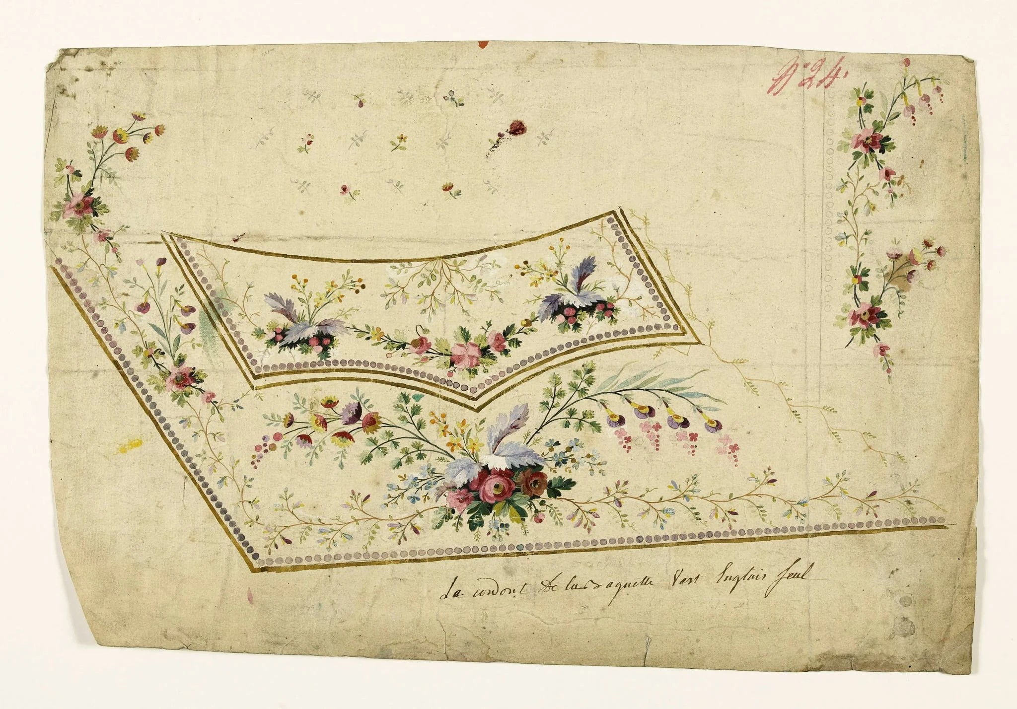 Composition avec bouquets de fleurs et branches fleuries avec grappes, frises de perles couleur glycine, projets de broderies de gilet, XVIIIème siècle, by Anonyme, 1750