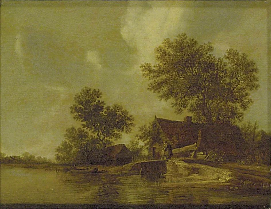 Cottages beside a River, by Frans de Hulst, oil, 1645