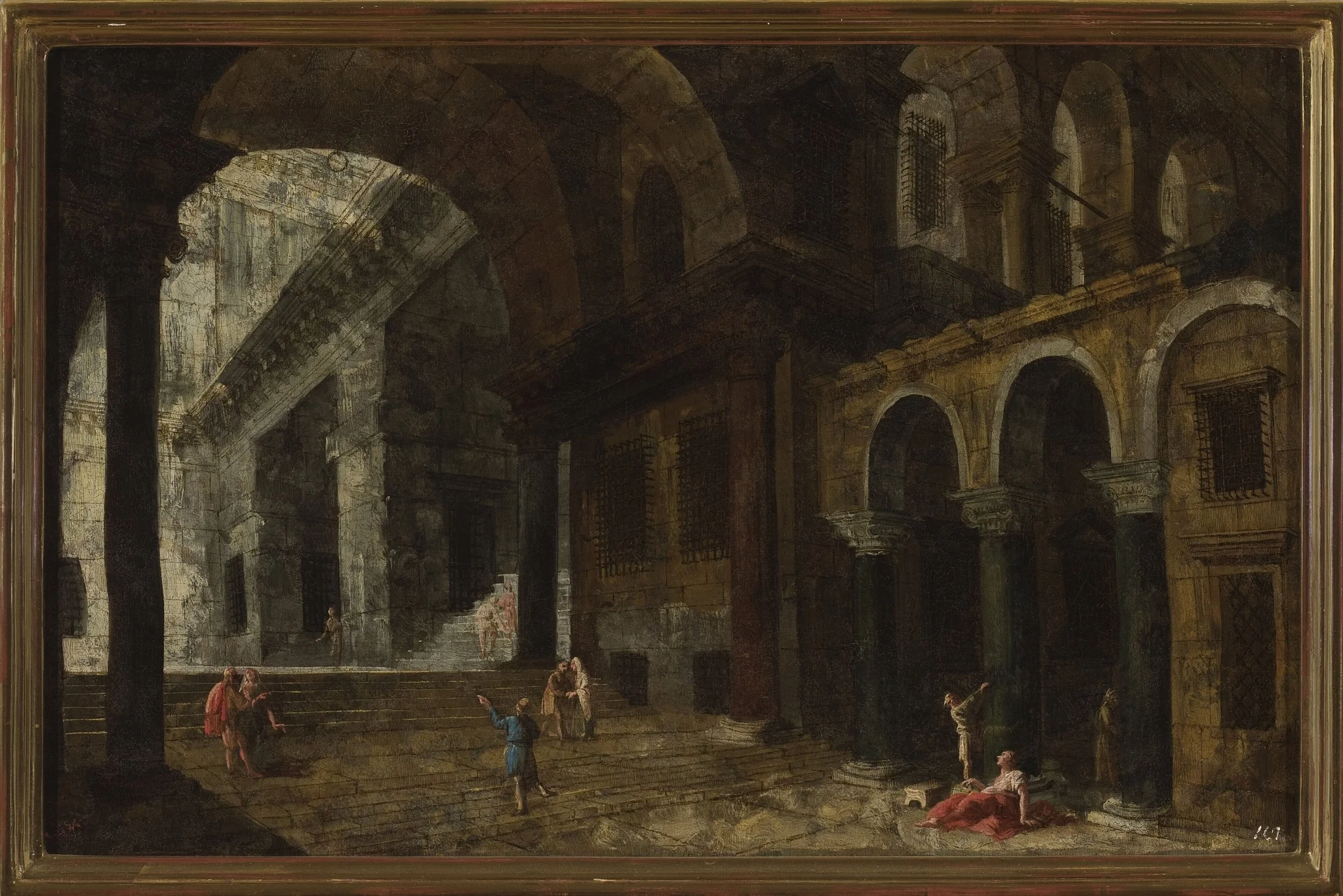 Architectural fantasy featuring a prison courtyard, by Michele Marieschi, oil, 1736