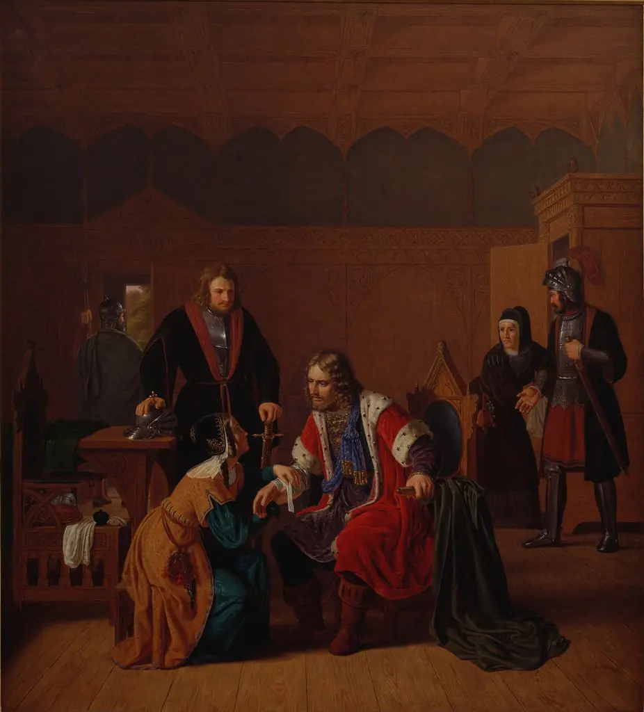 Valdemar the Great is welcomed  at Absalon's mother's house, where he sought refuge after the Battle of Roskilde
