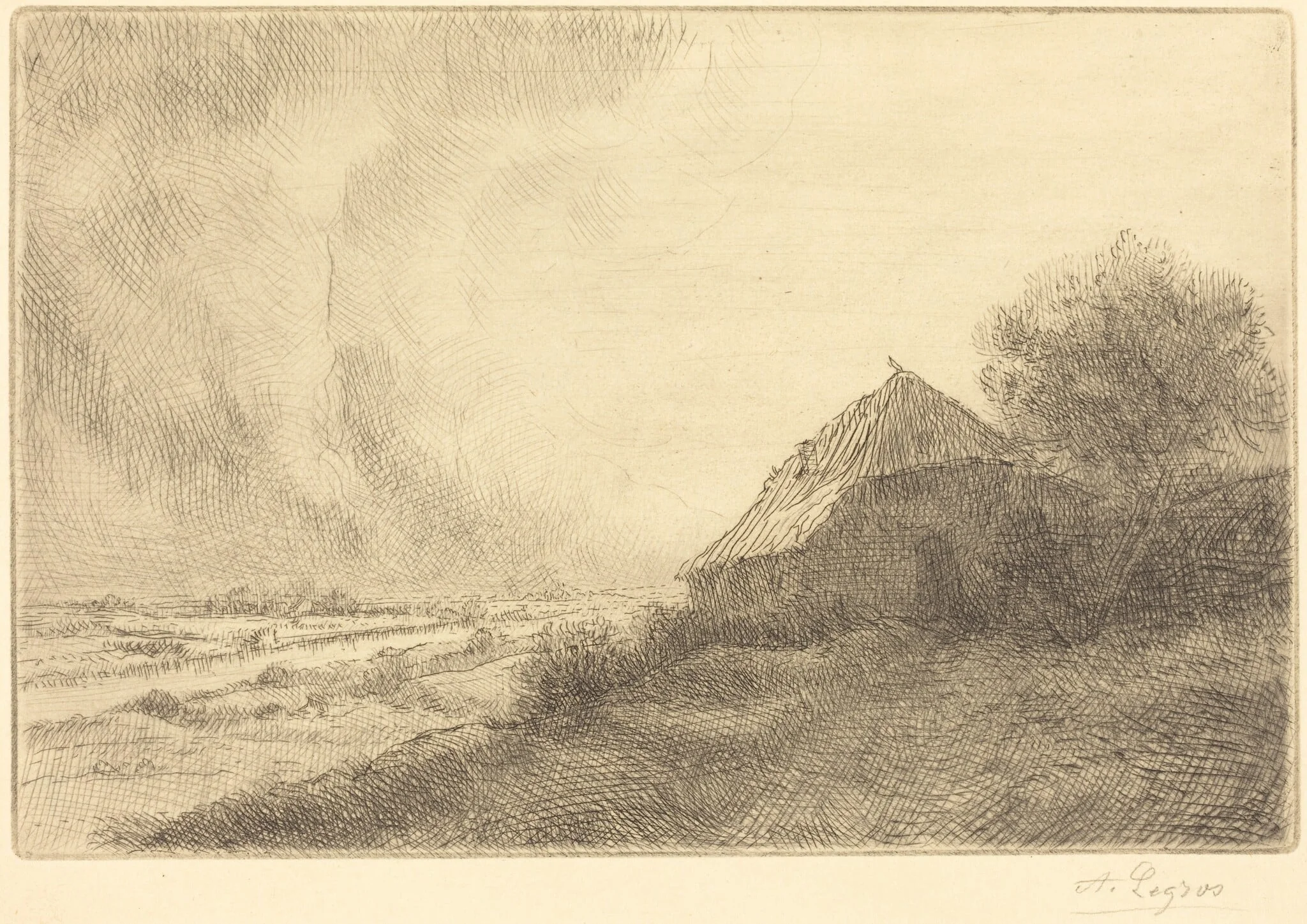 Hovel on a Hillside (Masure sur la colline), by Alphonse Legros, ink, 1874