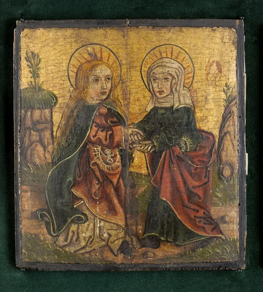 The Annunciation; Visitation to St Elizabeth; Saint Dorothy. Triptych Wing