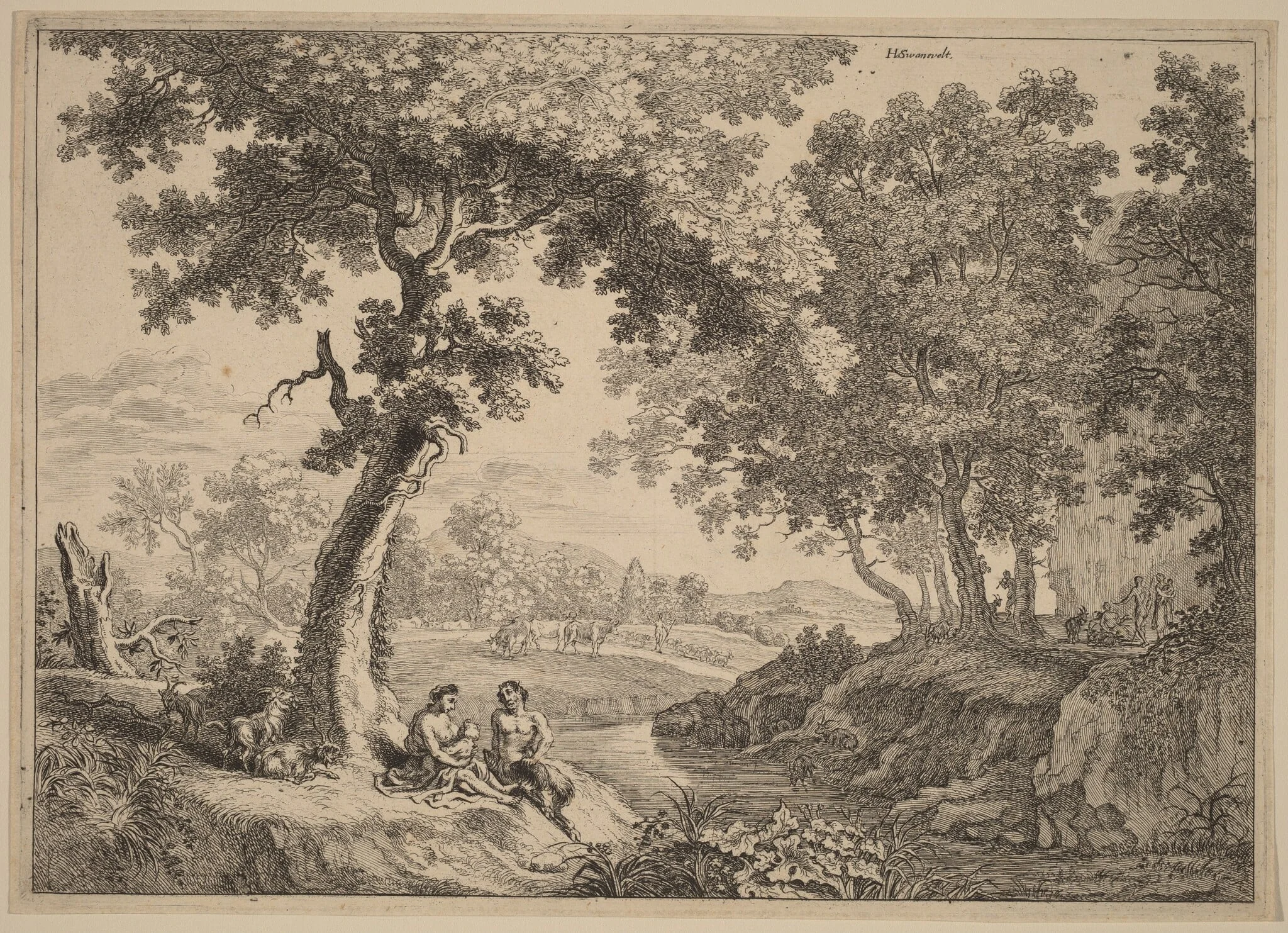 Satyr Family Seated under a Tree, by Dutch 17th Century, ink, 1650