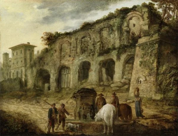 Peasants and Horses Standing By A Fountain: The Curia Ostilia and the Basilica Porzia on the Palatine Hill Beyond, by Alexander Runciman, unspecified, 1767