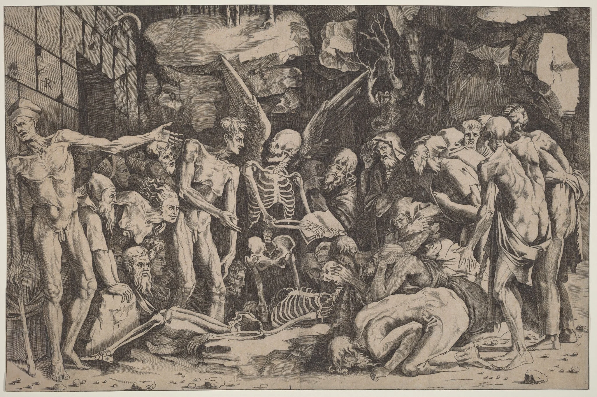 The Skeletons, by Marco Dente, ink, 1518