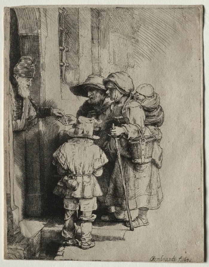Beggars Receiving Alms at the Door of a House, by Rembrandt, 1648