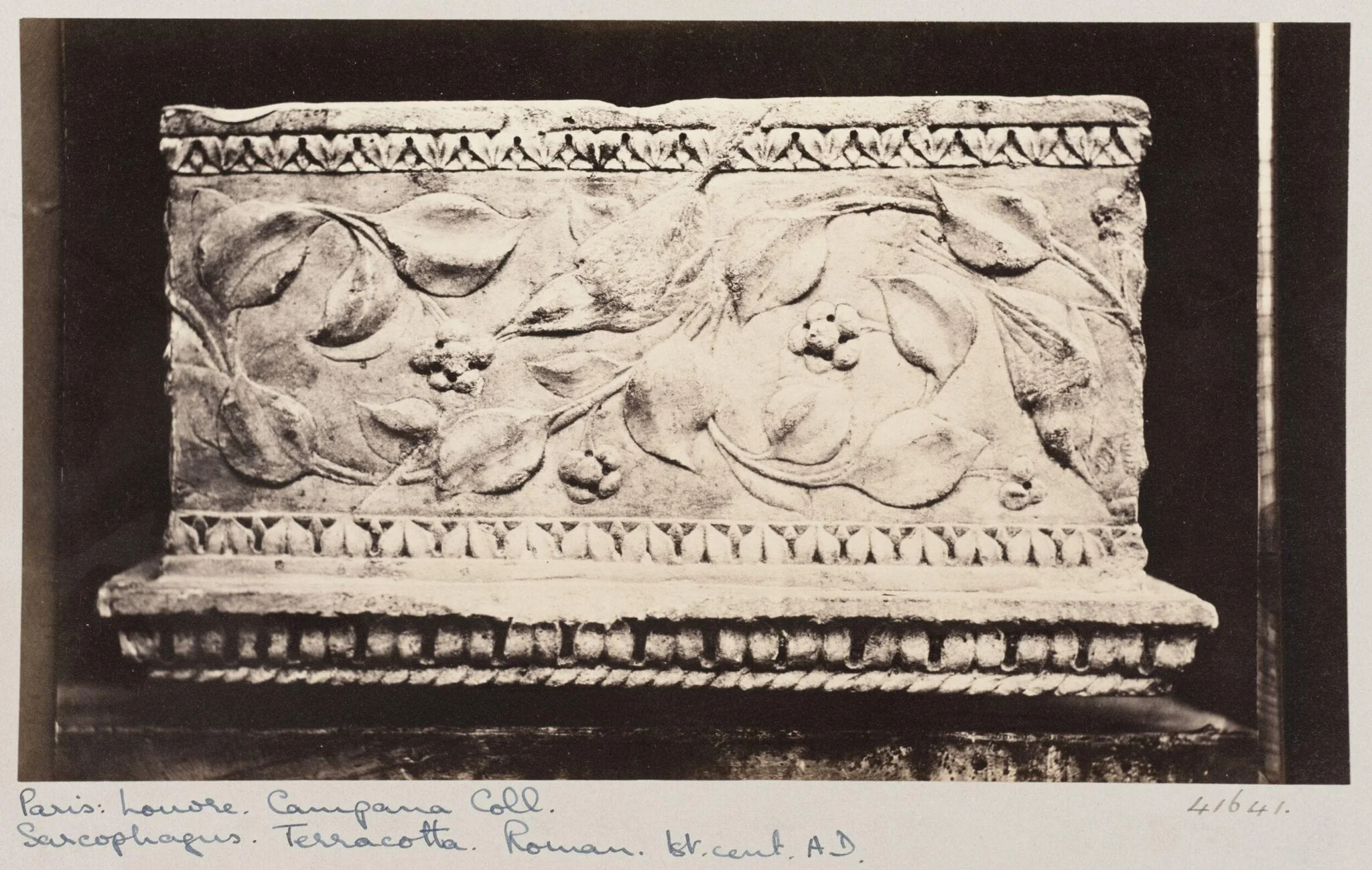 Bas-relief portion of marble tomb with birds and flowers, by Louise Laffon, photographic, 1864