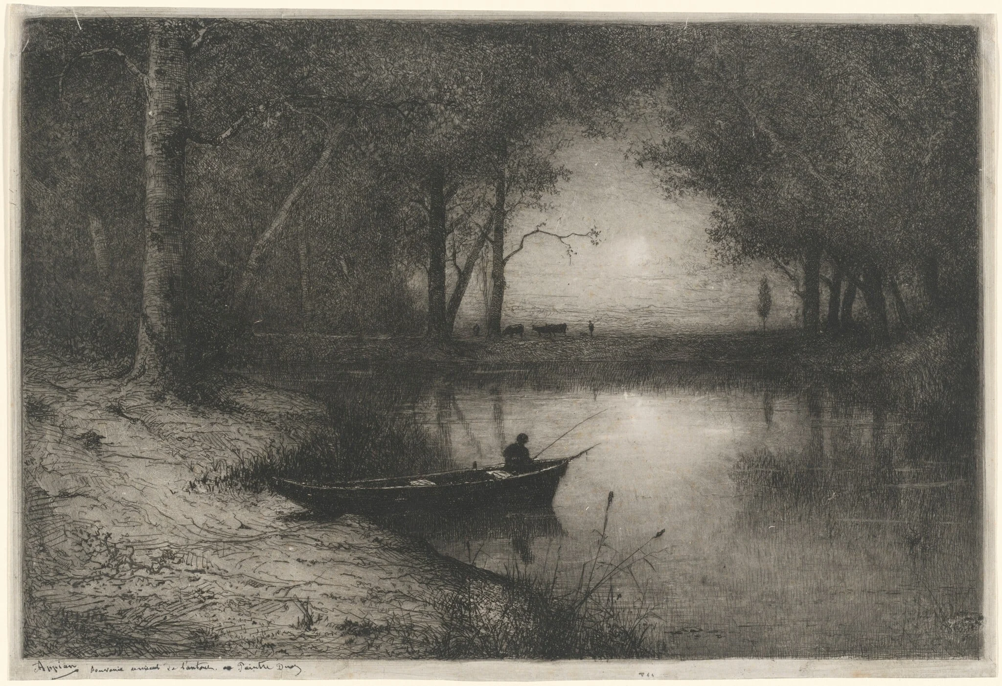 Pêcheur en Canot, au bord d'une Rivière (Fisherman in a Boat), by Adolphe Appian, ink, 1887