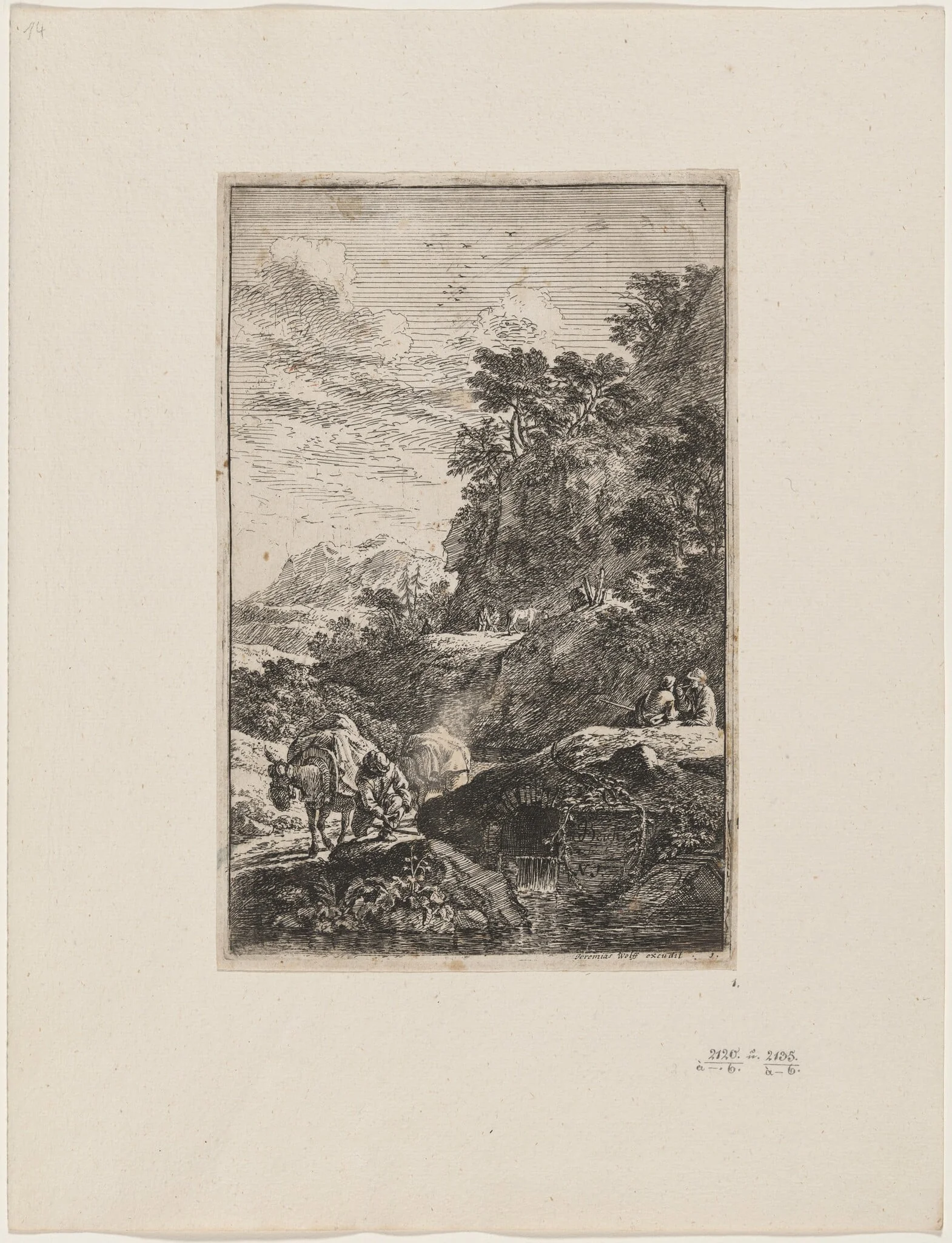 Drover with Two Mules, by Joachim Franz Beich, ink, 1712