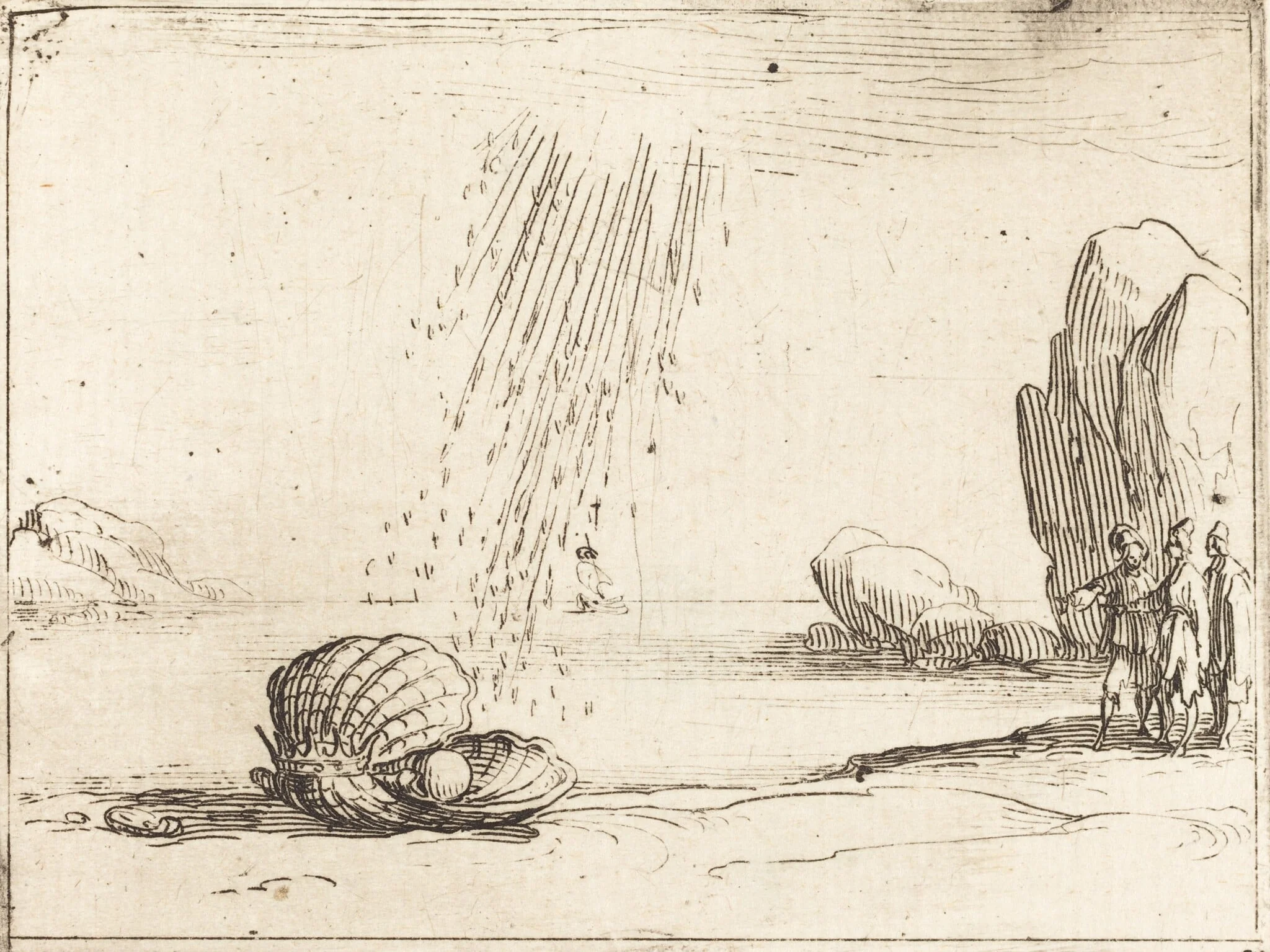 Oyster with Pearl, by Jacques Callot, ink, 1628