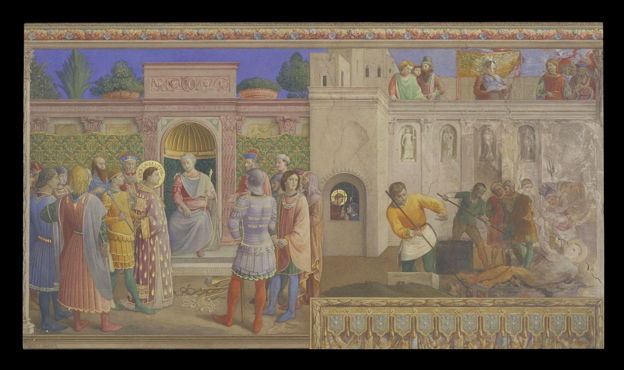 Copy after St Lawrence befor the Emperor and Martyrdom of St Lawrence, Fra Angelico in the Niccoline Chapel (Vatican, Rome), by Fra Angelico, watercolor, 1878