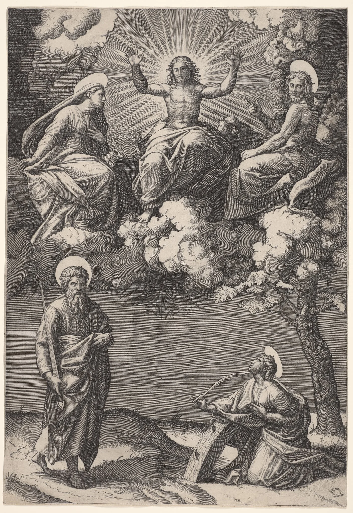 Christ, the Virgin, and St. John the Baptist with Saints Paul and Catherine, by Marcantonio Raimondi, 1522