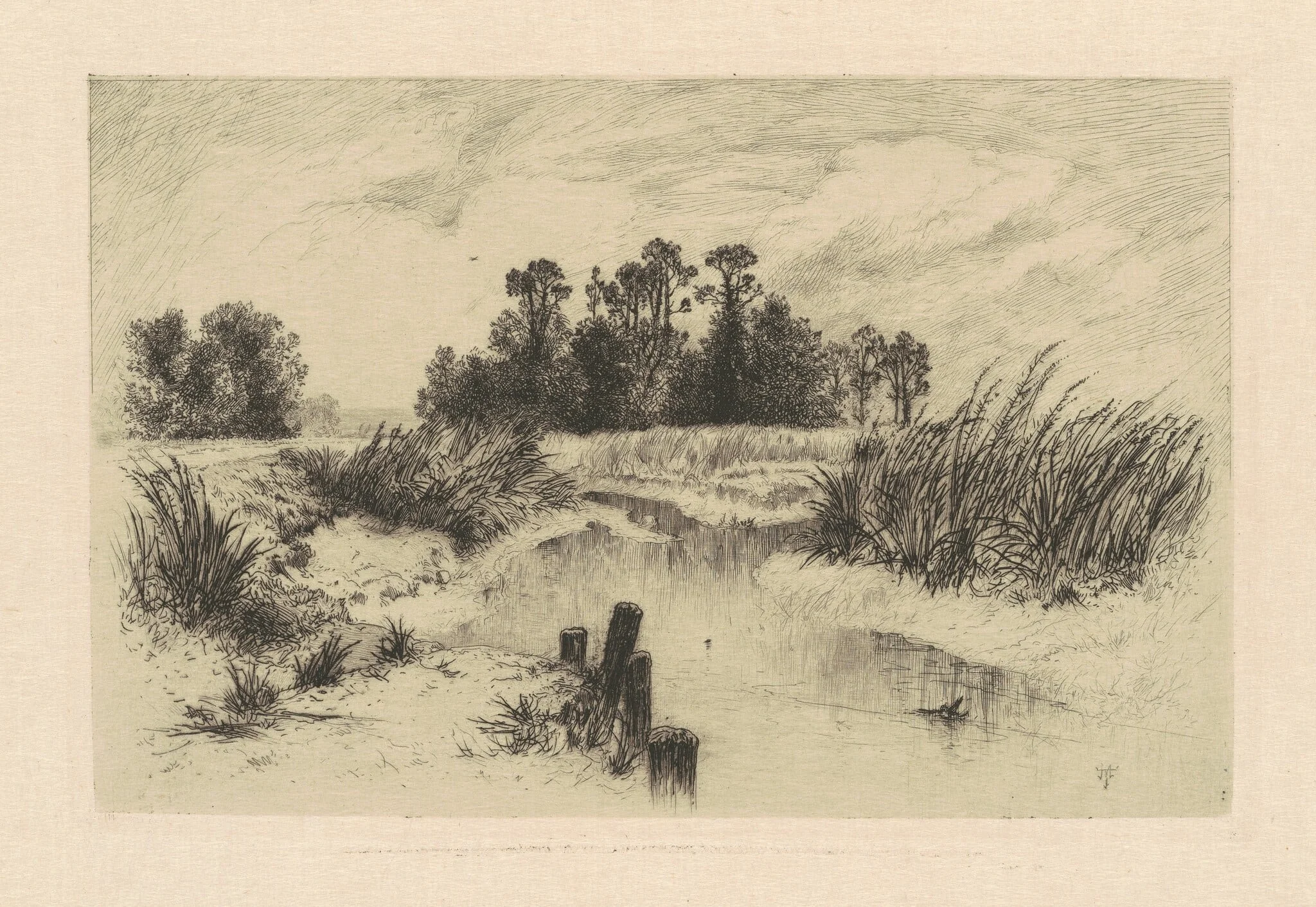 In the Newark Meadows, by Thomas Moran, ink, 1879