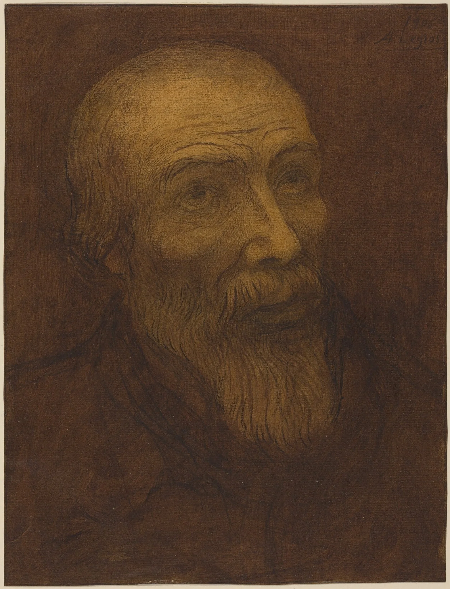 Head of a Bald Man with a Beard, by Alphonse Legros, ink, 1906