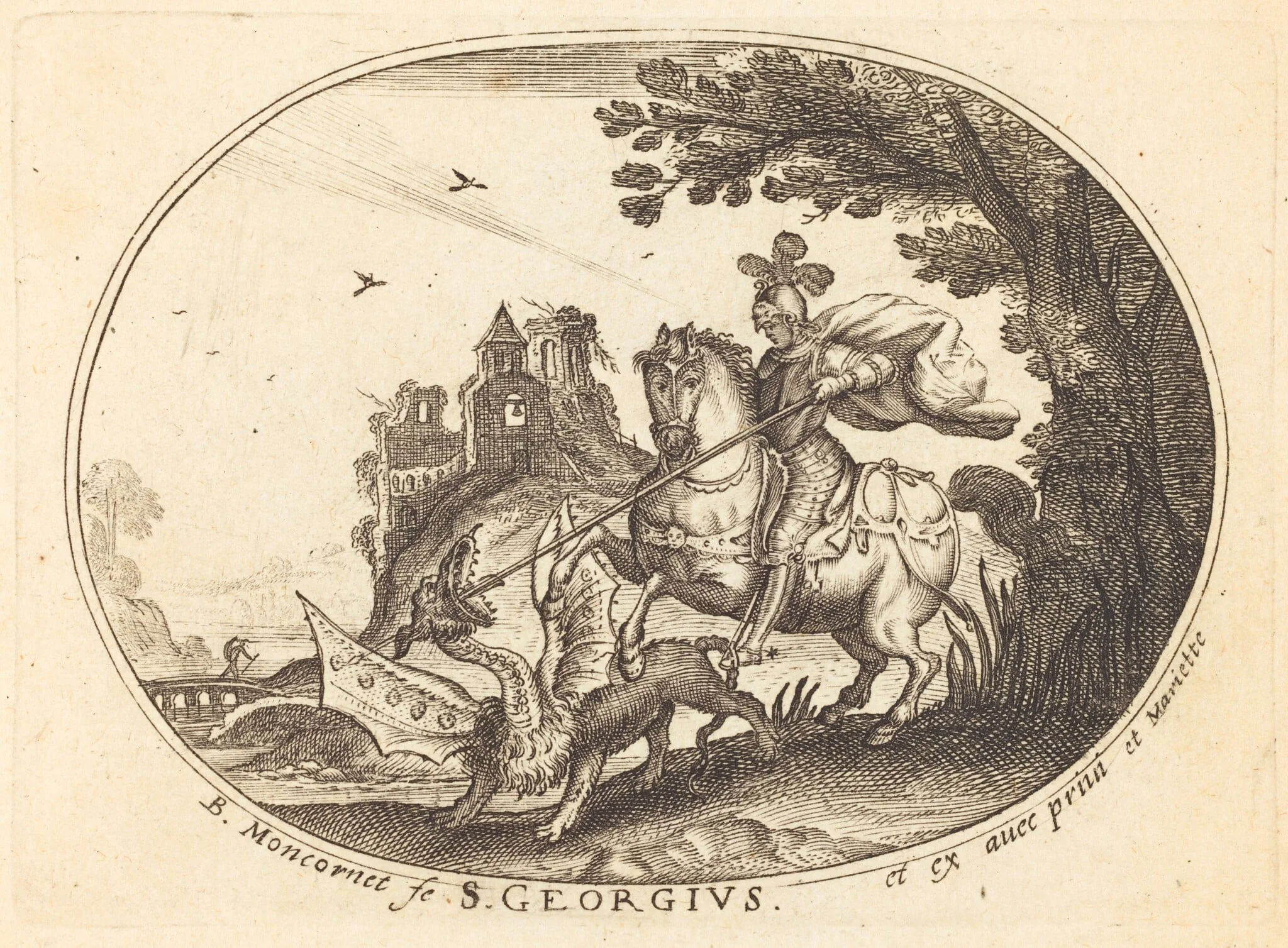 Saint George and the Dragon, by Balthasar Moncornet, ink, 1634