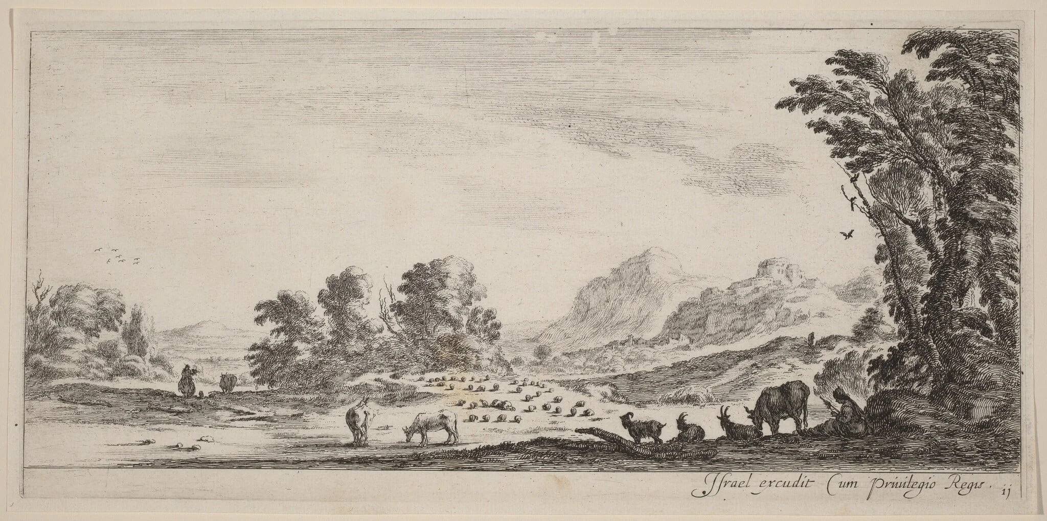 Landscape with Shepherd Guarding his Flock, by Stefano Della Bella, ink, 1647