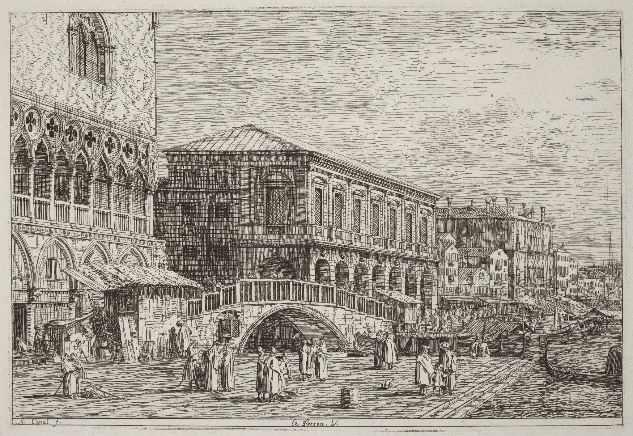 Le Preson. V. [lower left], by Canaletto, ink, 1740