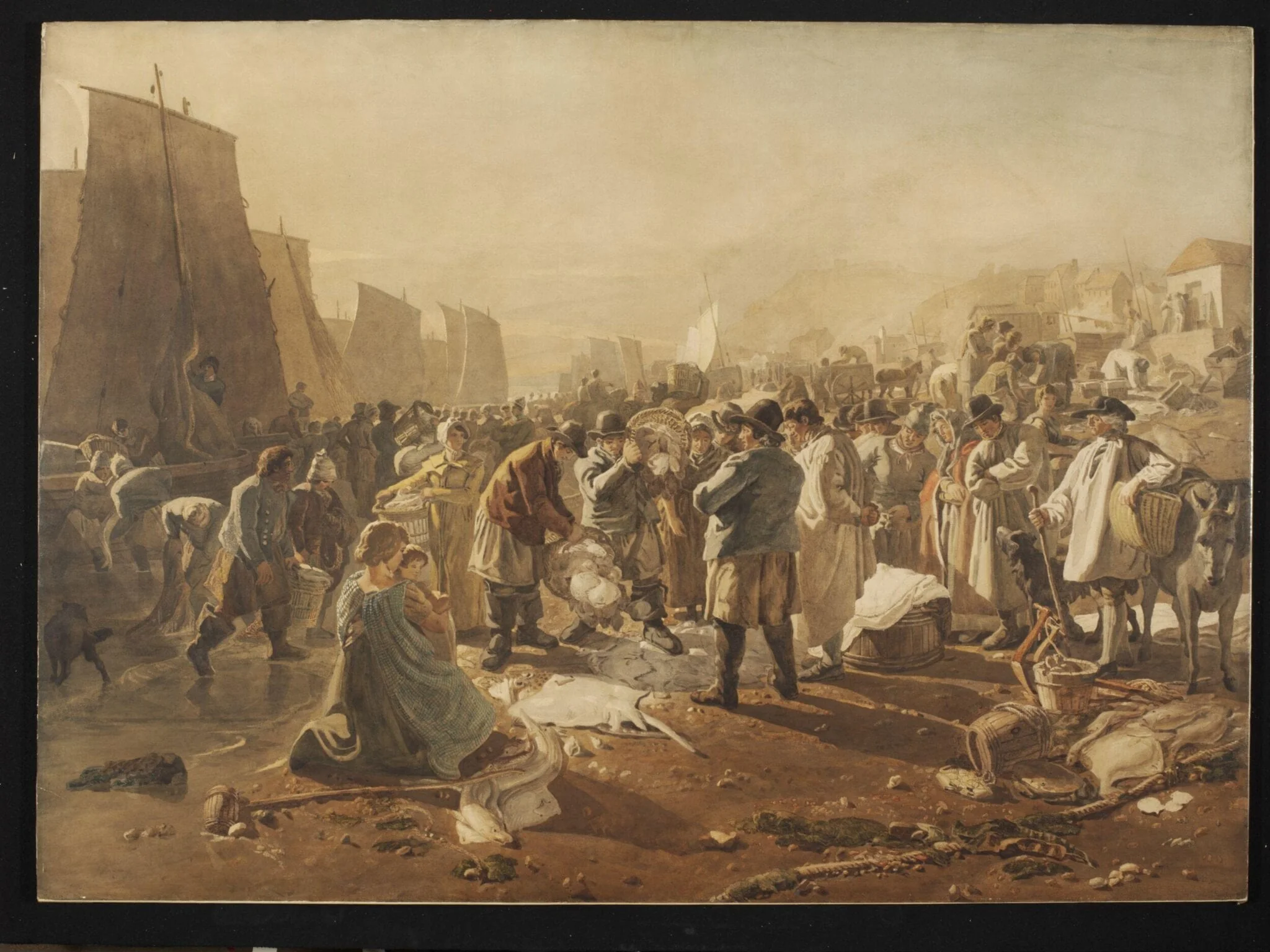 The Fish Market on the Beach, Hastings, by Joshua Cristall, watercolor, 1808