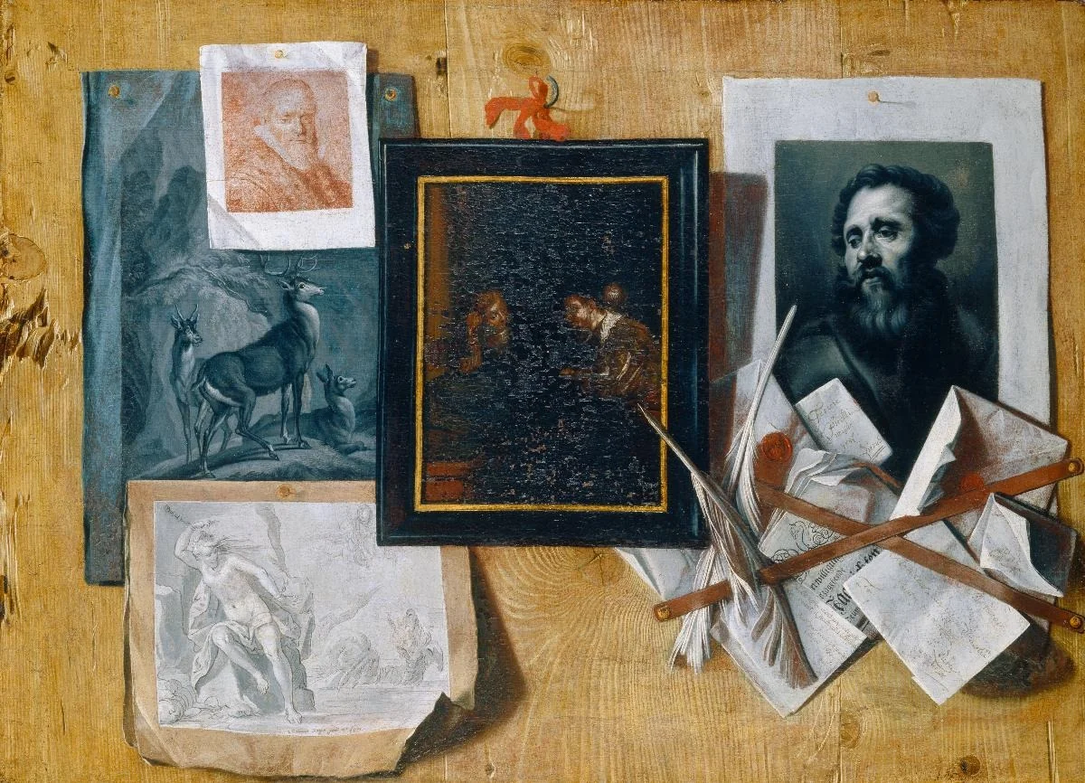 Quodlibet mit einem Gemälde, Zeichnungen, einem Schabkunstblatt und Briefen, by Johann Caspar Füssli, oil, 1755