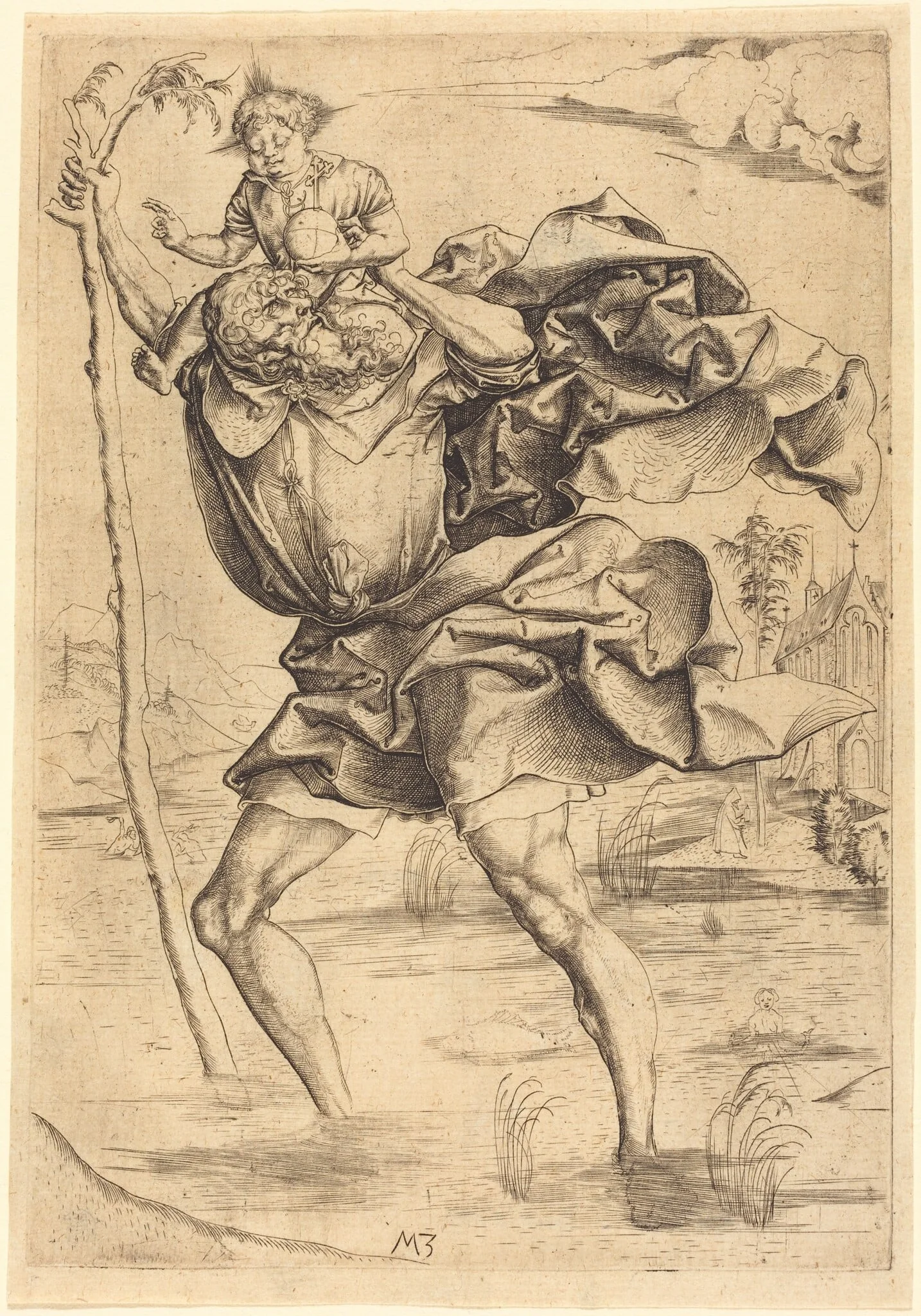 Saint Christopher, by Master MZ, ink, 1500