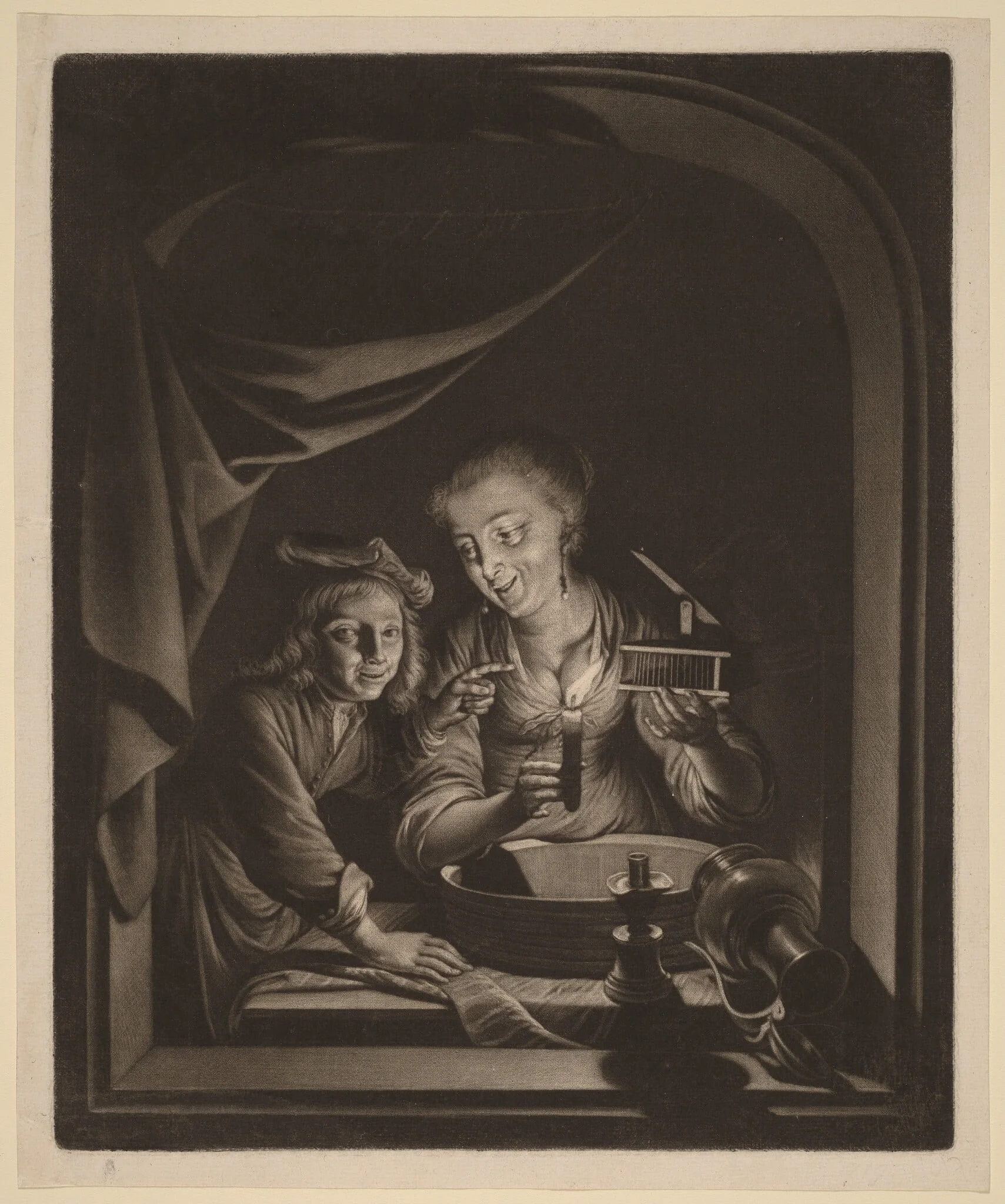 Maid with a Mousetrap, by Nicolaas Verkolje, ink, 1704