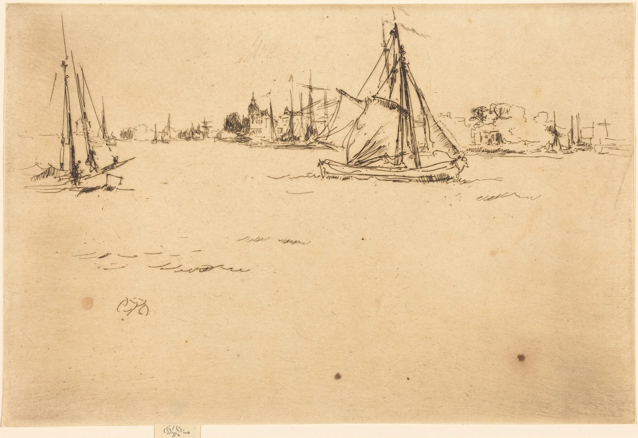 Dordrecht, by James McNeill Whistler, ink, 1884
