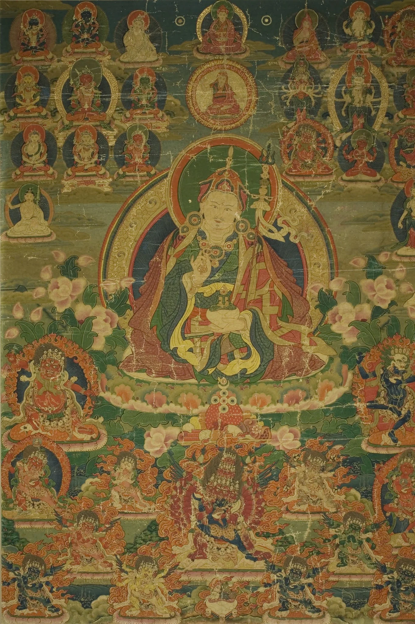 Painted Banner (Thangka) of Sage Guru Padmasambhava Seated Holding a Thunderbolt (Vajra) and Skull Cup (Kapala), by Unknown, unspecified, 1750